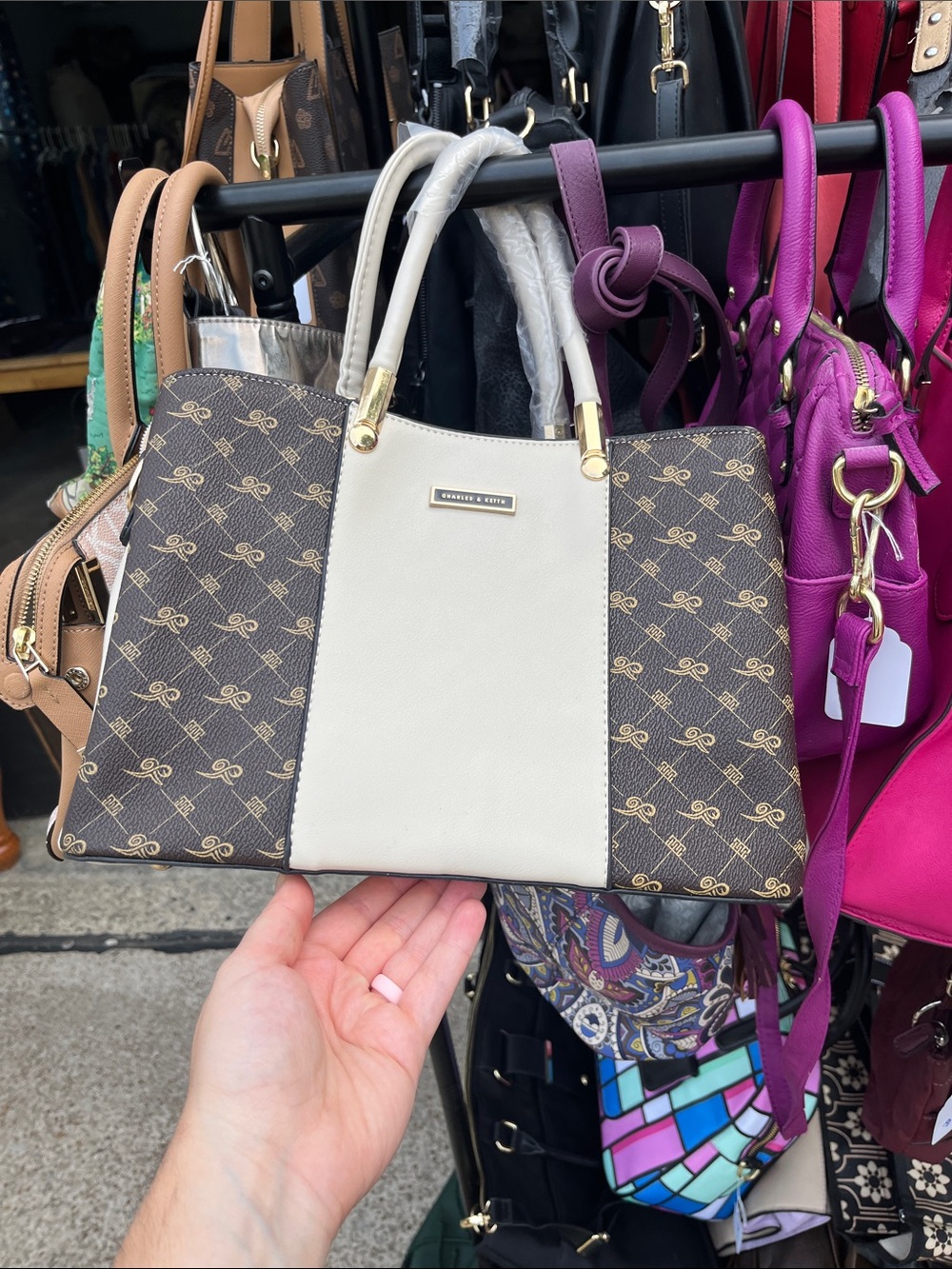 Elegant Beige & Brown Patterned purse/ Bag - Charles & Keith